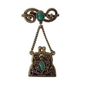 Vintage Bronze Filigree Coin Purse Brooch with Green Cabochons